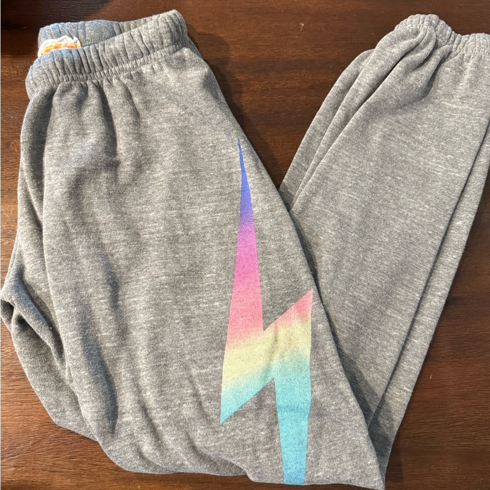 Aviator Nation Gray Sweatpants with Rainbow Lightning Bolt